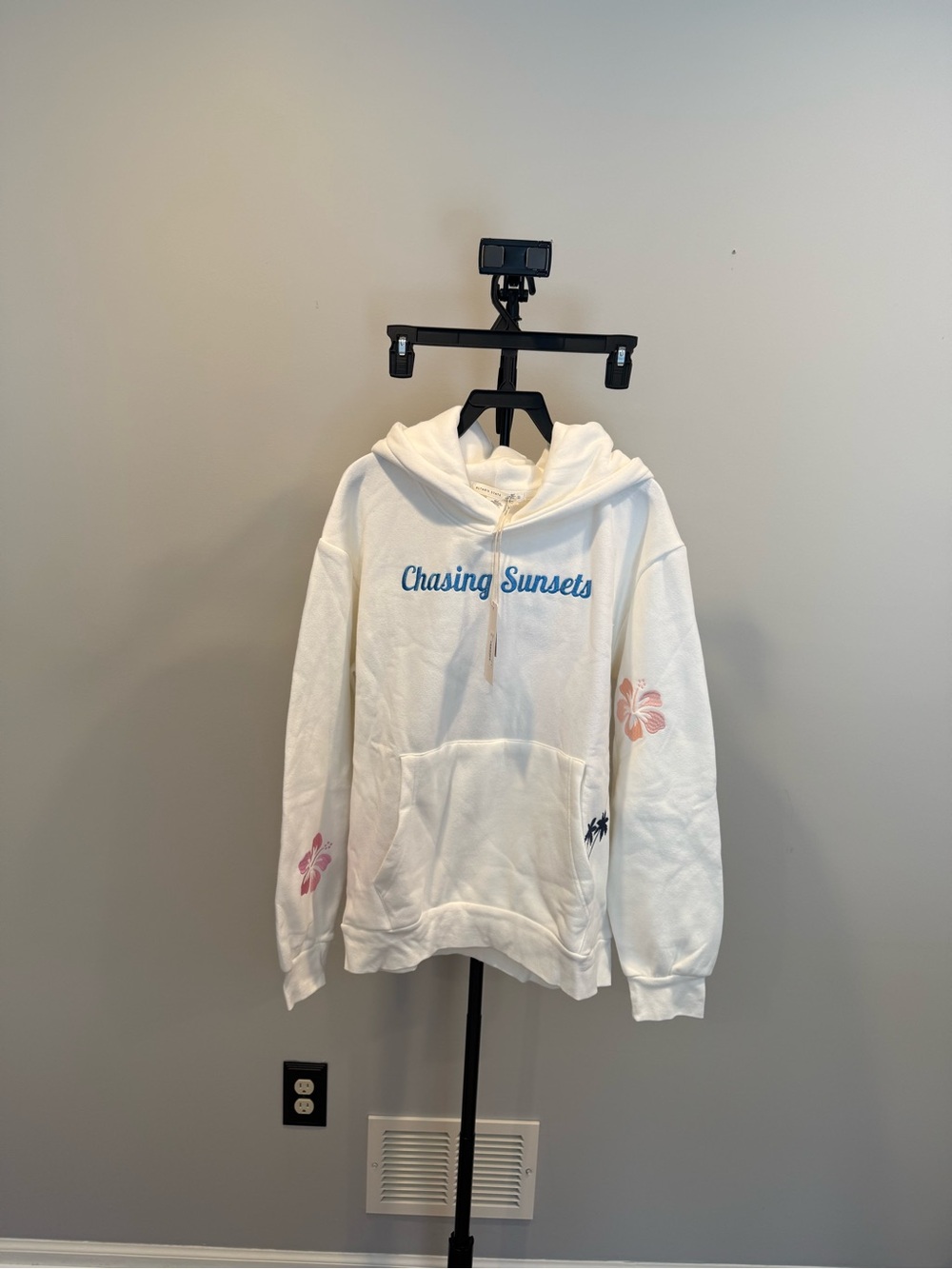 Altar'd State Cream Hoodie with Blue Palm Print and Pink Floral Accents - Picture 3 of 5